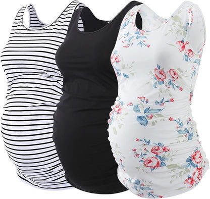 Ecavus 3PCS Womens Layering Maternity Tank Top Pregnancy Shirt Scoop Neck Sleeveless Ruched Vest