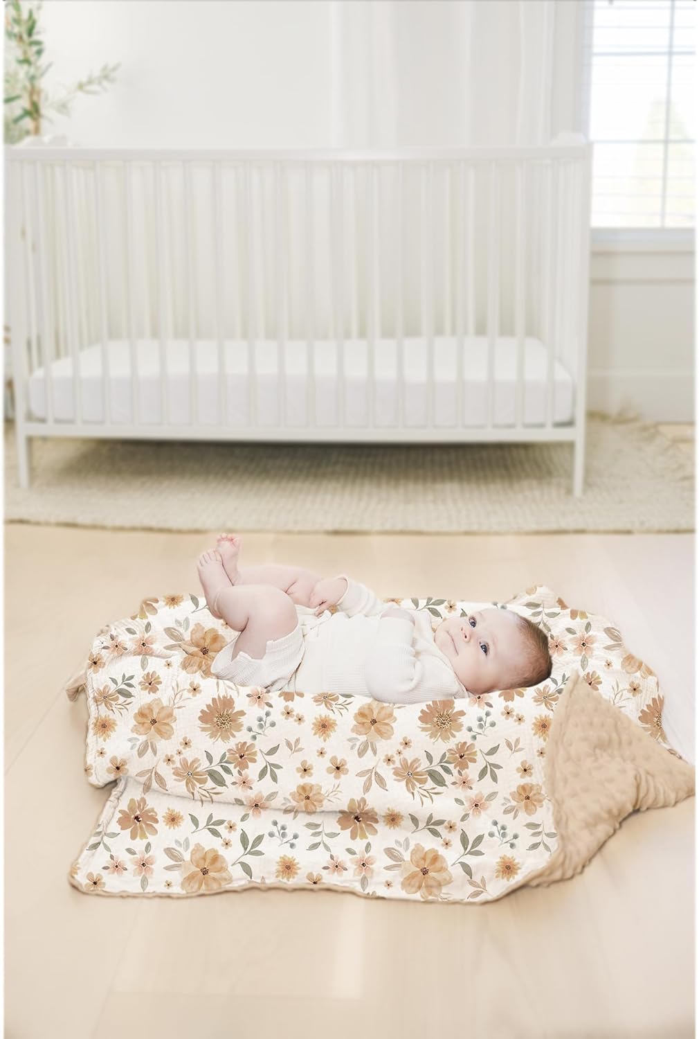 Konssy Baby Blankets for Unisex Boys Girls, Super Soft Nursery Minky Blankets with Muslin Cotton Front and Dotted Fleece Backing, Printed Bed Throws Newborn