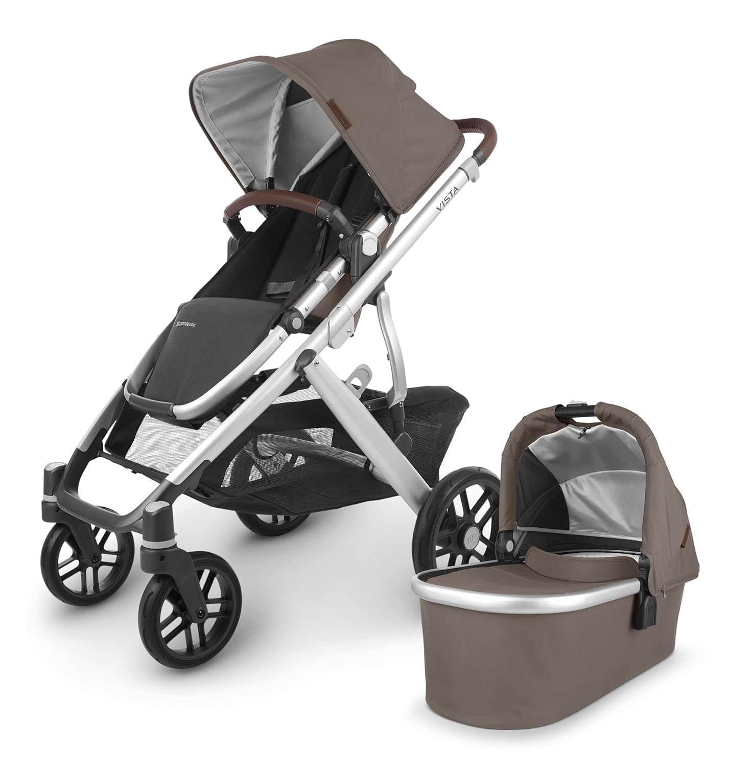 UPPAbaby Vista V2 Stroller / Convertible Single-To-Double System / Bassinet, Toddler Seat, Bug Shield, Rain Shield, and Storage Bag Included / Greyson (Charcoal Mélange/Carbon Frame/Saddle Leather)