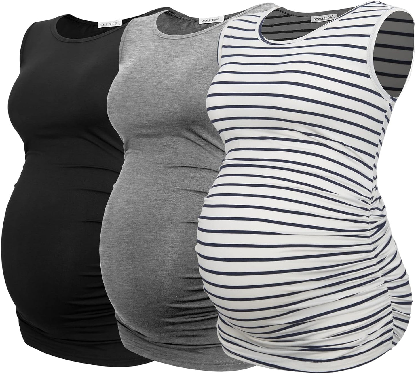 Smallshow Women's Maternity Tank Tops Sleeveless Ruched Pregnancy Clothes 3-Pack