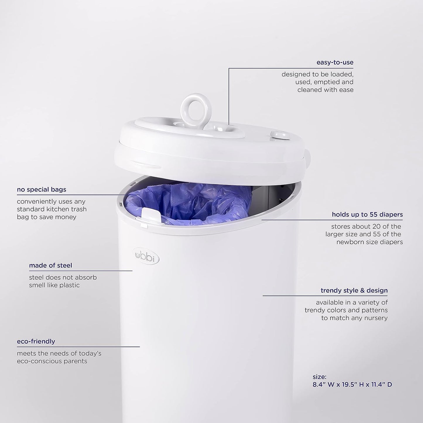 Ubbi Steel Odor Locking, No Special Bag Required Money Saving, Awards-Winning, Modern Design, Registry Must-Have Diaper Pail, White