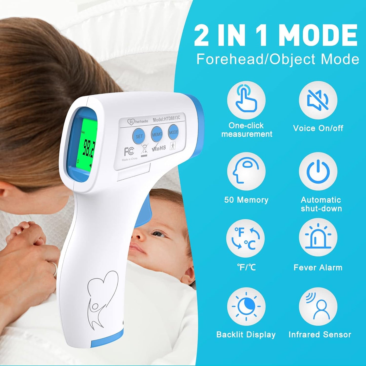 Digital Thermometer for Adults and Kids, No Touch Forehead Thermometer for Baby, 2 in 1 Body Surface Mode Infrared Thermometer with Fever Alarm and Instant Accuracy Readings