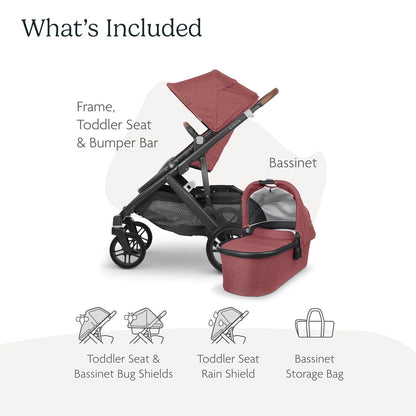 UPPAbaby Vista V2 Stroller / Convertible Single-To-Double System / Bassinet, Toddler Seat, Bug Shield, Rain Shield, and Storage Bag Included / Greyson (Charcoal Mélange/Carbon Frame/Saddle Leather)