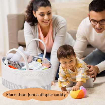 luxury little Diaper Caddy Organizer, Large Cotton Rope Nursery Basket, Changing Table Baby Diaper Storage Portable Car Organizer with Removable Divider, Baby Shower Gifts - White