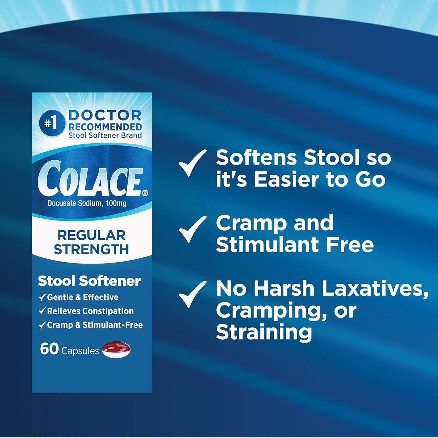 Colace Regular Strength Stool Softener 100 mg Capsules 60 Count Docusate Sodium Stool Softener for Gentle Dependable Relief