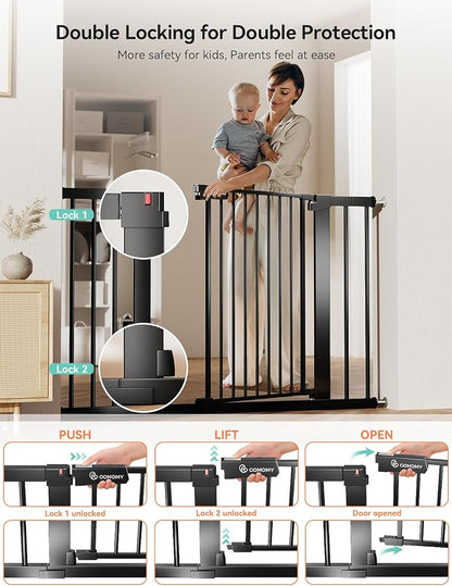 COMOMY 36" Extra Tall Baby Gate for Stairs Doorways, Fits Openings 29.5" to 48.8" Wide, Auto Close Extra Wide Dog Gate for House, Pressure Mounted Easy Walk Through Pet Gate with Door, Black