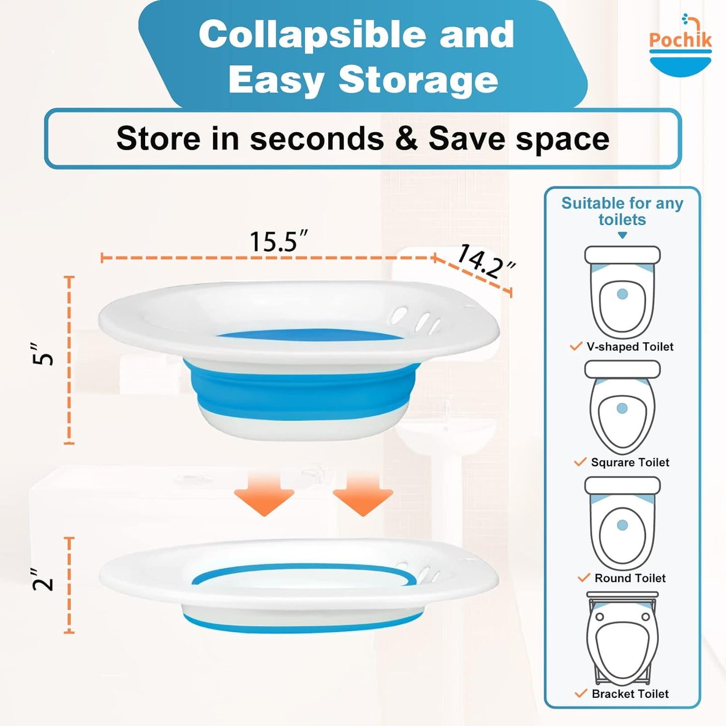 Pochik Sitz Bath, Sitz Bath for Hemorrhoids, Sitz Bath for Toilet Seat, Postpartum Care, Sits Bath Kit for Women, Collapsible, Flusher Hose, Drain Holes, Wider Seating Area, Deeper Bowl