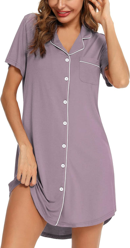 Leikar Nightgowns For Women Button Down Pajamas Dress Short Sleeve Sleepwear S-XXL