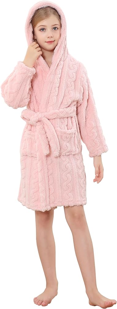 Umeyda Girls Fleece Hooded Robes, Warm Printed Bath Robe for Kids Soft Fuzzy Bathrobe for Gifts, 1-12 Years