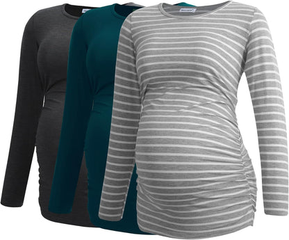 Smallshow Women's Maternity Shirts Long Sleeve Pregnancy Clothes Tops 3-Pack