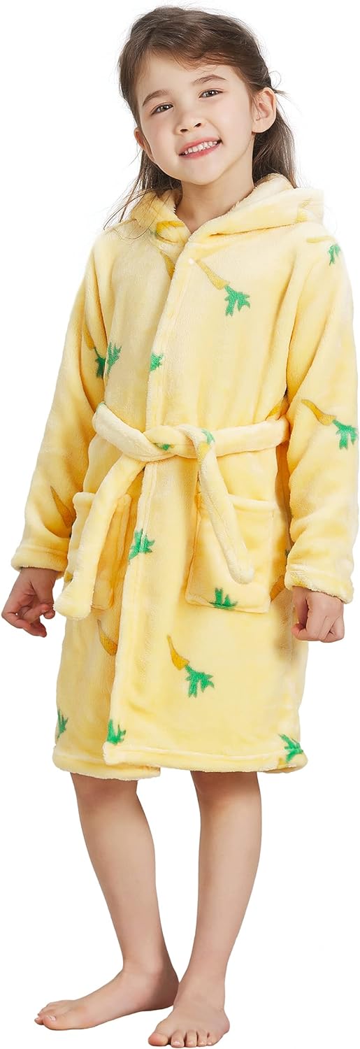 ECHERY Boys Girls Robe Hooded Bathrobe Toddler Robes Soft Coral Fleece Pajamas Unisex Dressing Gown for Kids