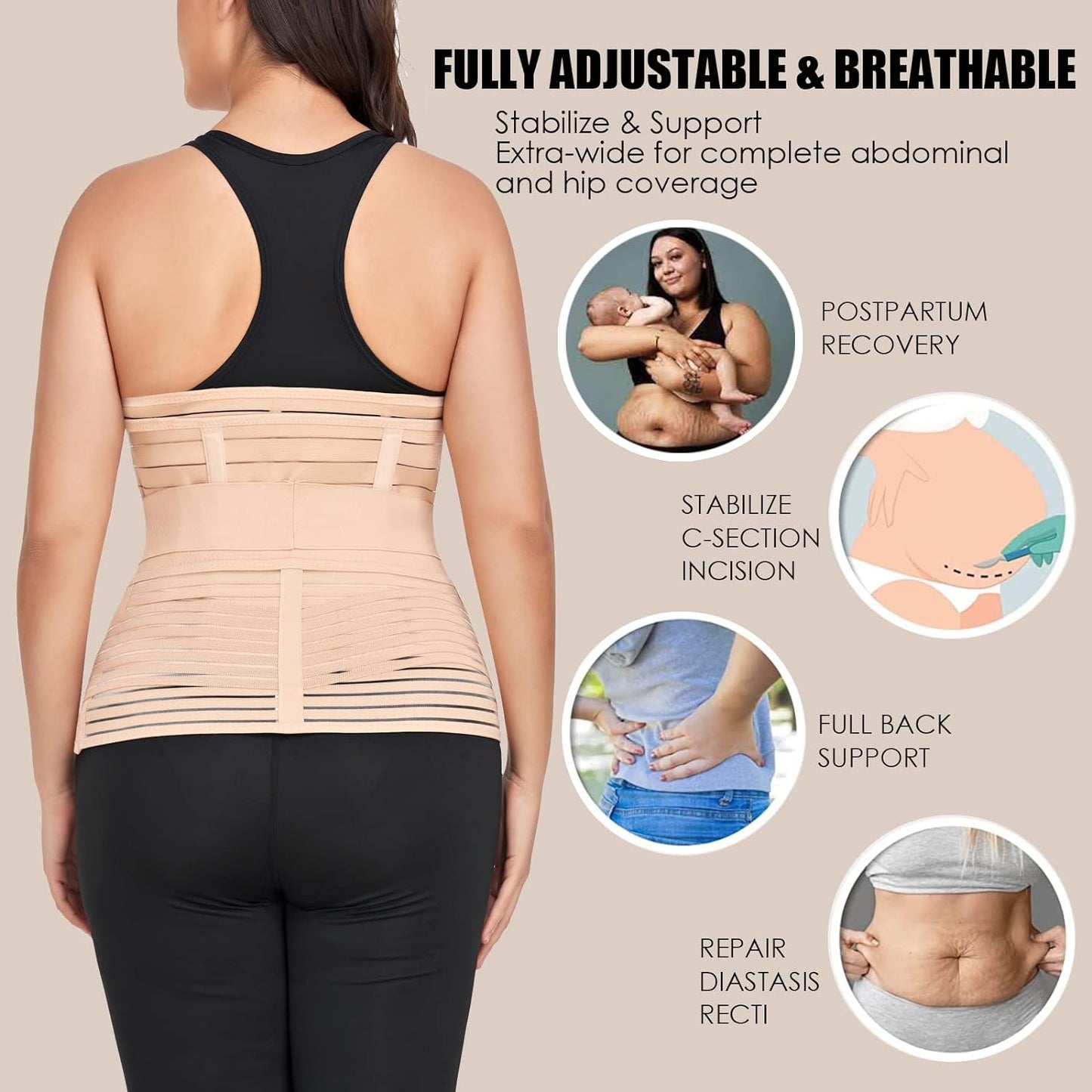 3 in 1 Postpartum Belly Band Wrap Support Recovery Girdles Abdominer Binder Post Surgery Belly&Waist&Pelvis Support Belt & Back Brace(Black, Small/Medium)