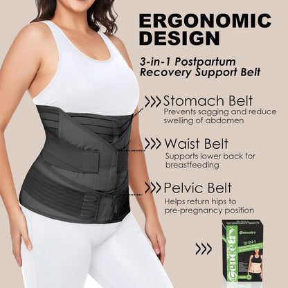 3 in 1 Postpartum Belly Band Wrap Support Recovery Girdles Abdominer Binder Post Surgery Belly&Waist&Pelvis Support Belt & Back Brace(Black, Small/Medium)