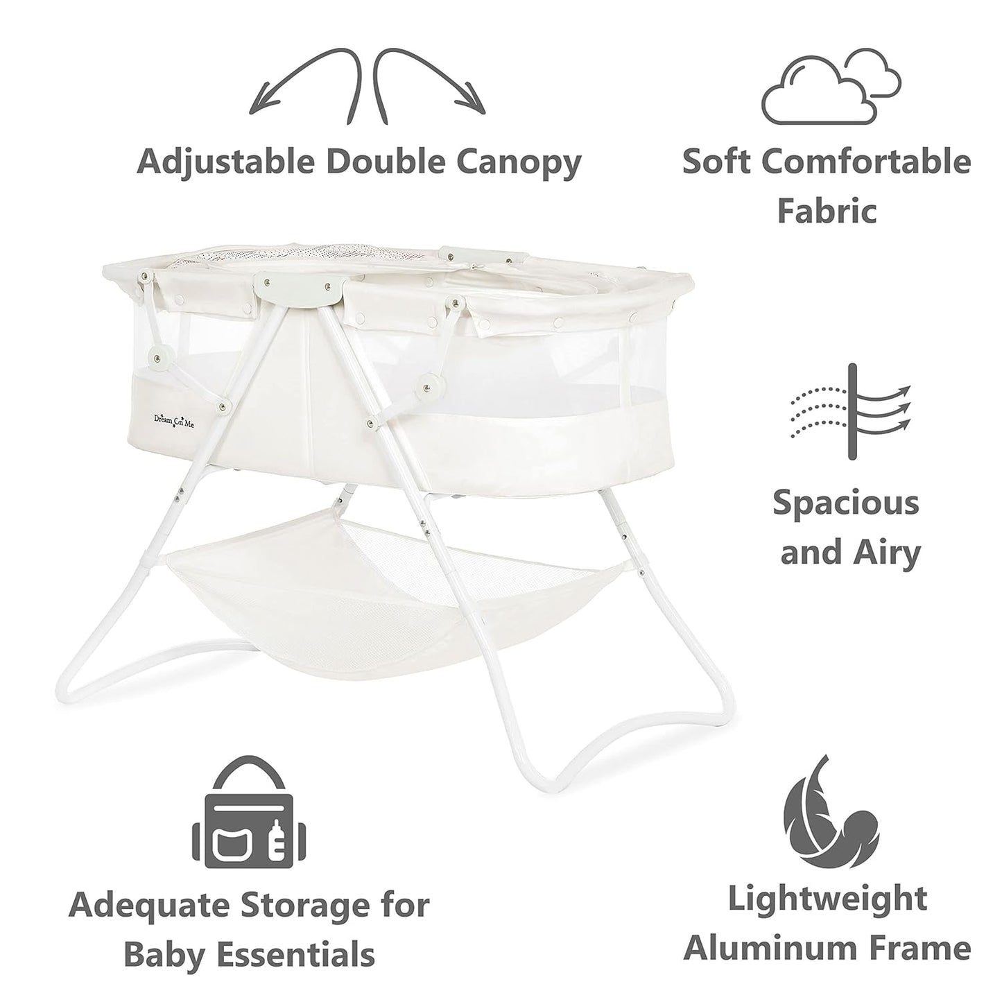 Dream On Me Karley Bassinet in Black, Lightweight Portable Baby Bassinet, Quick Fold and Easy to Carry , Adjustable Double Canopy, Indoor and Outdoor Bassinet with Large Storage Basket.