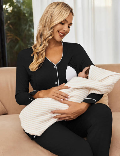 Ekouaer Maternity Pajama Set Button Down Nursing Sleepwear Long Sleeve Breastfeeding Loungewear with Adjustable Pants