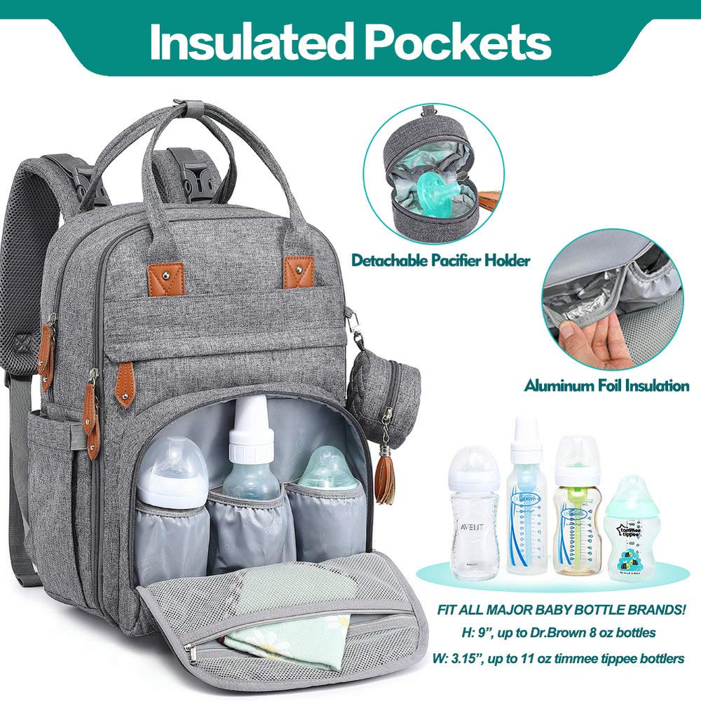 BabbleRoo Diaper Bag Backpack - Multi function Waterproof Diaper Bag, Travel Essentials Baby Tote with Changing Pad, Stroller Straps & Pacifier Case - Unisex, Dark Gray