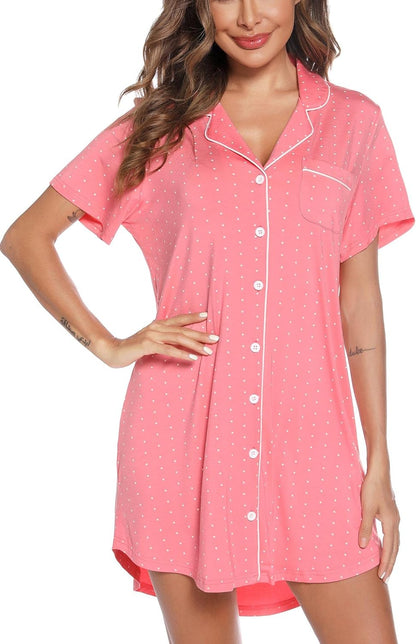 Leikar Nightgowns For Women Button Down Pajamas Dress Short Sleeve Sleepwear S-XXL