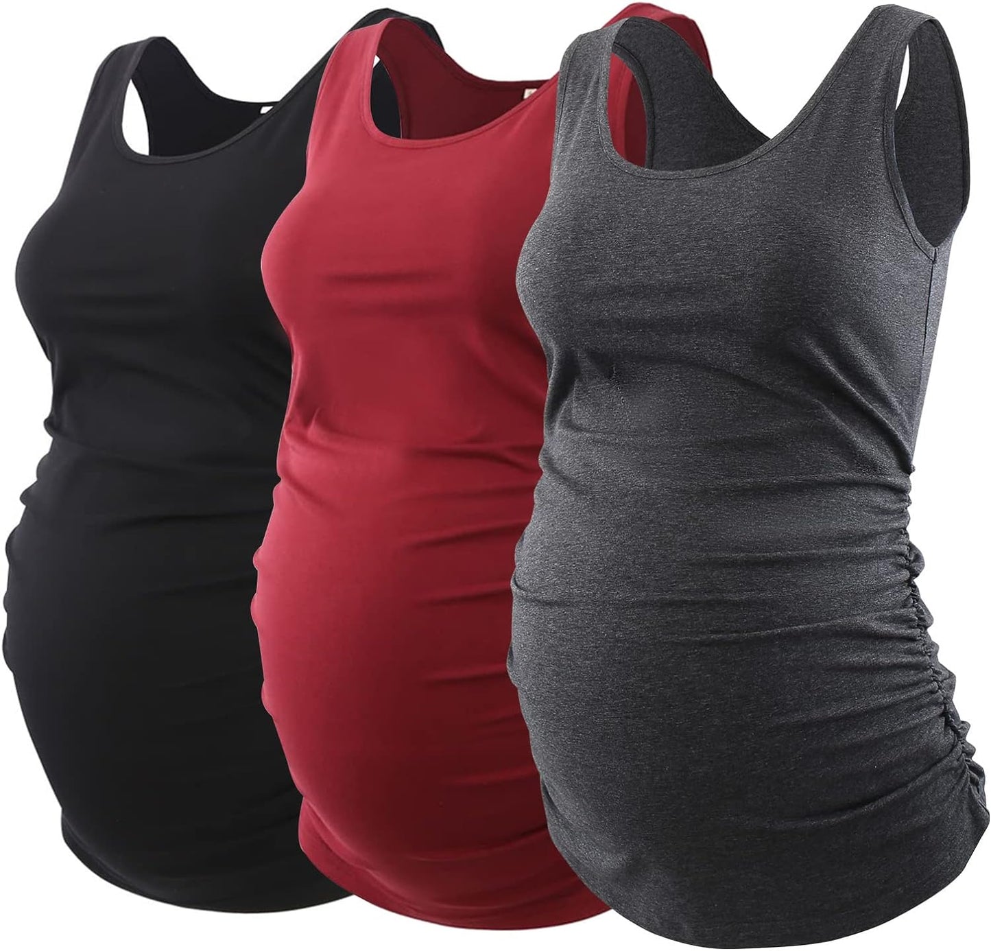 Ecavus 3PCS Womens Layering Maternity Tank Top Pregnancy Shirt Scoop Neck Sleeveless Ruched Vest