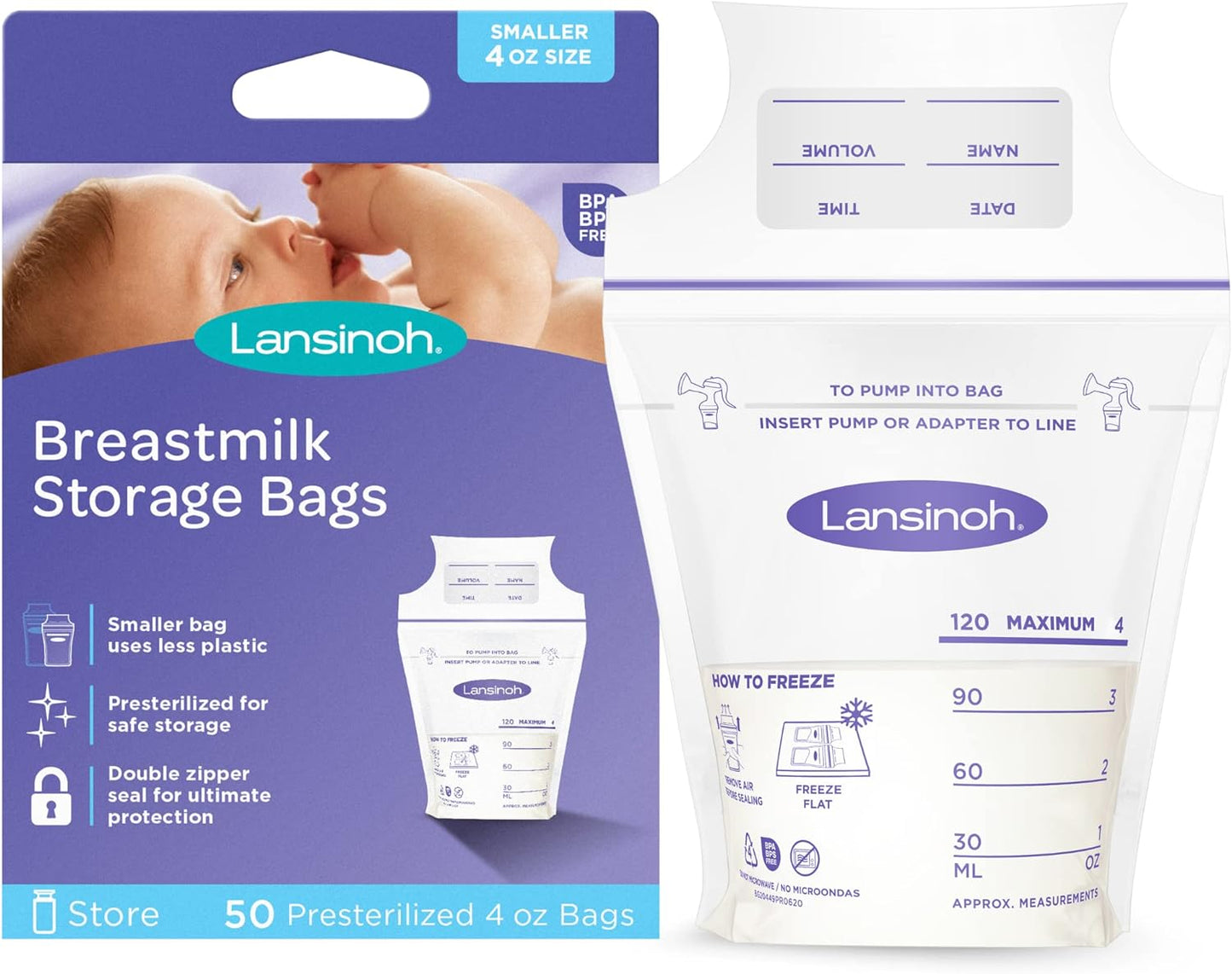 Lansinoh Breastmilk Storage Bags, 100 Count, 6 Ounce, Easy to Use Milk Storage Bags for Breastfeeding, Presterilized, Hygienically Doubled-Sealed, for Refrigeration and Freezing