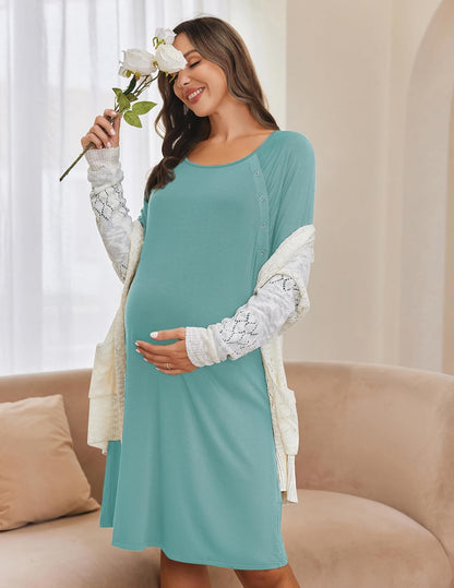 Ekouaer Women’s Nursing/Delivery/Labor Nightgown Long Sleeve Maternity Sleepshirt for Breastfeeding with Button