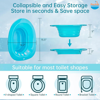 Pochik Sitz Bath, Sitz Bath for Hemorrhoids, Sitz Bath for Toilet Seat, Postpartum Care, Sits Bath Kit for Women, Collapsible, Flusher Hose, Drain Holes, Wider Seating Area, Deeper Bowl