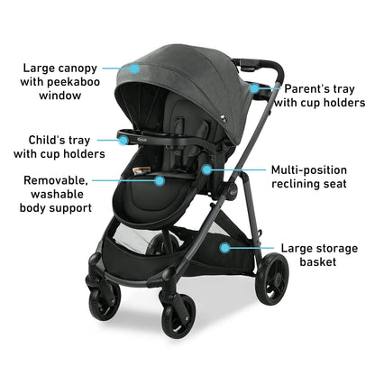 Graco Modes Pramette Stroller, Baby Stroller with True Pram Mode, Reversible Seat, One Hand Fold, Extra Storage, Child Tray, Redmond