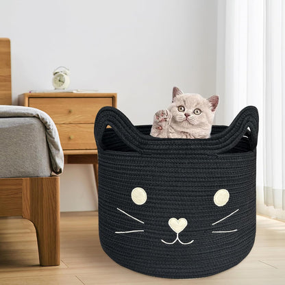 VK VK·LIVING Animal Baskets Large Woven Cotton Rope Storage Basket with Cute Cat Design Animal Laundry Basket Organizer for Towels, Blanket, Toys, Clothes, Gifts – Pet or Baby Gift Baskets 15"Lx14H"