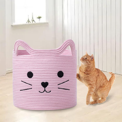 VK VK·LIVING Animal Baskets Large Woven Cotton Rope Storage Basket with Cute Cat Design Animal Laundry Basket Organizer for Towels, Blanket, Toys, Clothes, Gifts – Pet or Baby Gift Baskets 15"Lx14H"