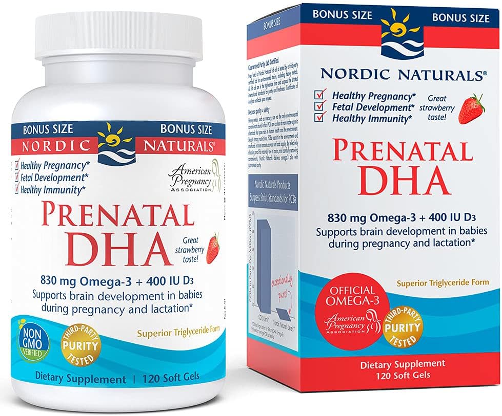 Nordic Naturals Prenatal DHA, Strawberry - 120 Soft Gels - 830 mg Omega-3 + 400 IU Vitamin D3 - Supports Brain Development in Babies During Pregnancy & Lactation - Non-GMO - 60 Servings