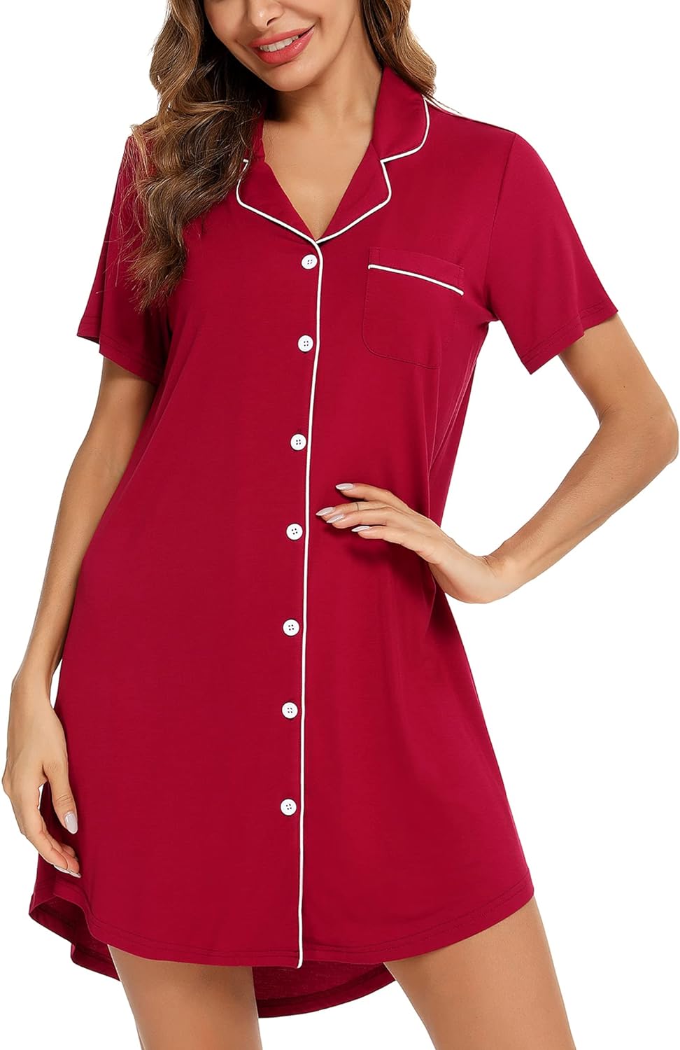 Leikar Nightgowns For Women Button Down Pajamas Dress Short Sleeve Sleepwear S-XXL