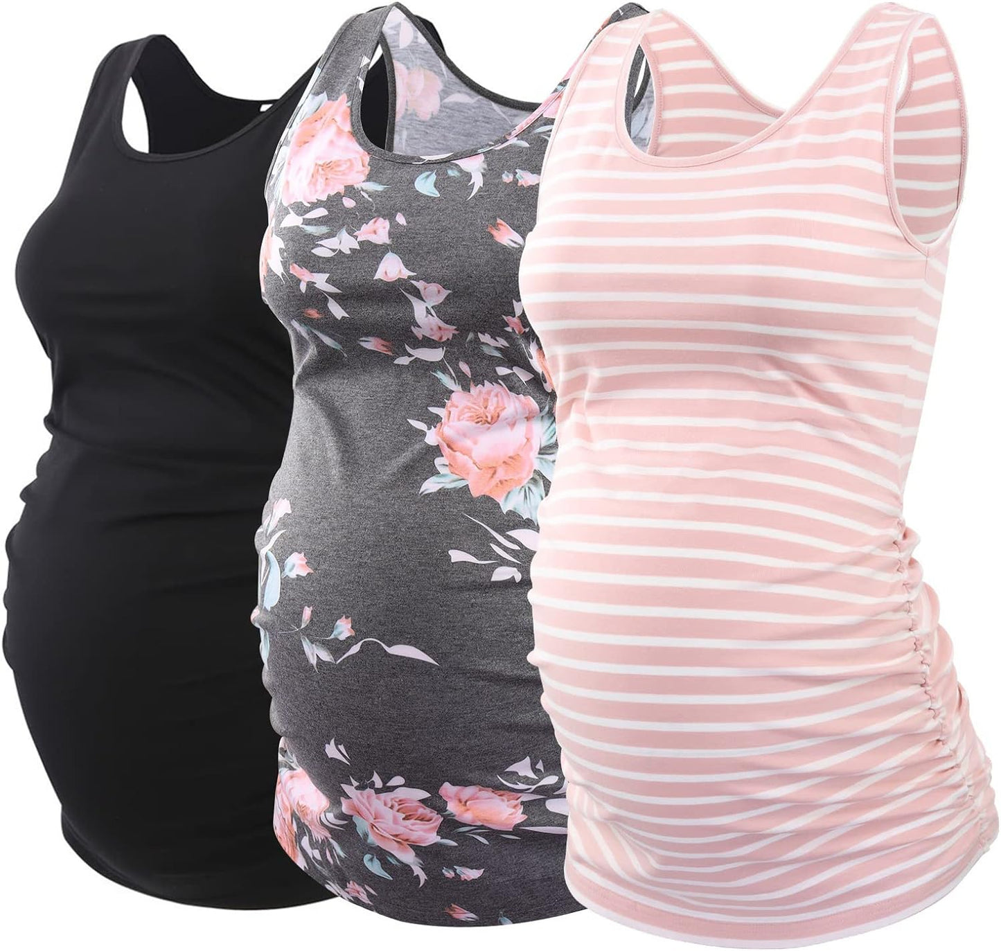 Ecavus 3PCS Womens Layering Maternity Tank Top Pregnancy Shirt Scoop Neck Sleeveless Ruched Vest