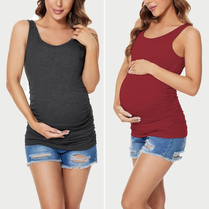 Ecavus 3PCS Womens Layering Maternity Tank Top Pregnancy Shirt Scoop Neck Sleeveless Ruched Vest