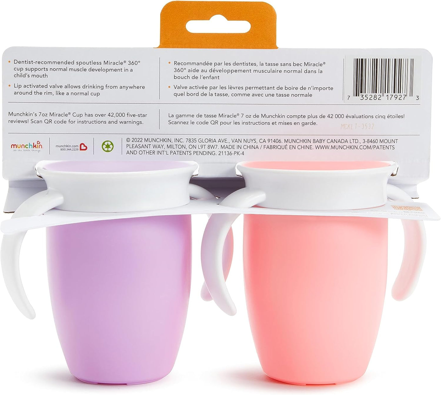 Munchkin® Miracle® 360 Trainer Sippy Cup with Handles, Spill Proof, 7 Ounce, 2 Pack, Pink/Purple