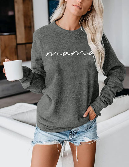 Womens Crewneck Sweatshirt Mama Letter Print Long Sleeve Loose Fashion Pullover Top