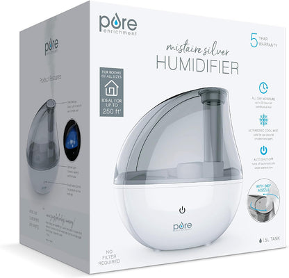 Pure Enrichment® MistAire™ Silver Ultrasonic Cool Mist Humidifier for Bedroom, Office, Nursery & Indoor Plants - Lasts Up to 25 Hours, Whisper-Quiet Operation, Optional Night Light, & Auto Shut-Off