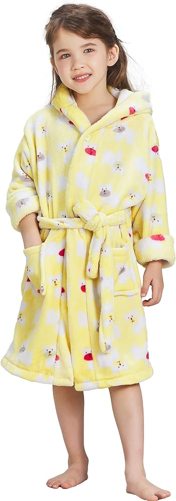 ECHERY Boys Girls Robe Hooded Bathrobe Toddler Robes Soft Coral Fleece Pajamas Unisex Dressing Gown for Kids