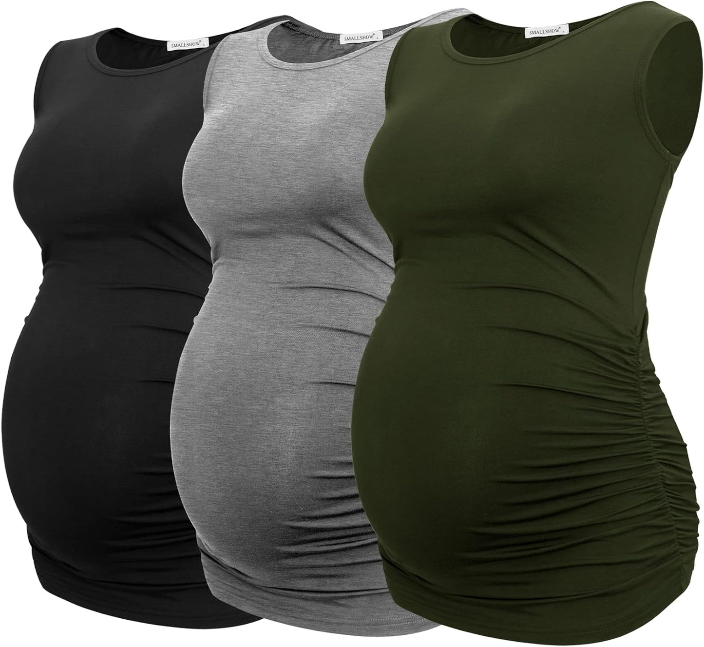 Smallshow Women's Maternity Tank Tops Sleeveless Ruched Pregnancy Clothes 3-Pack