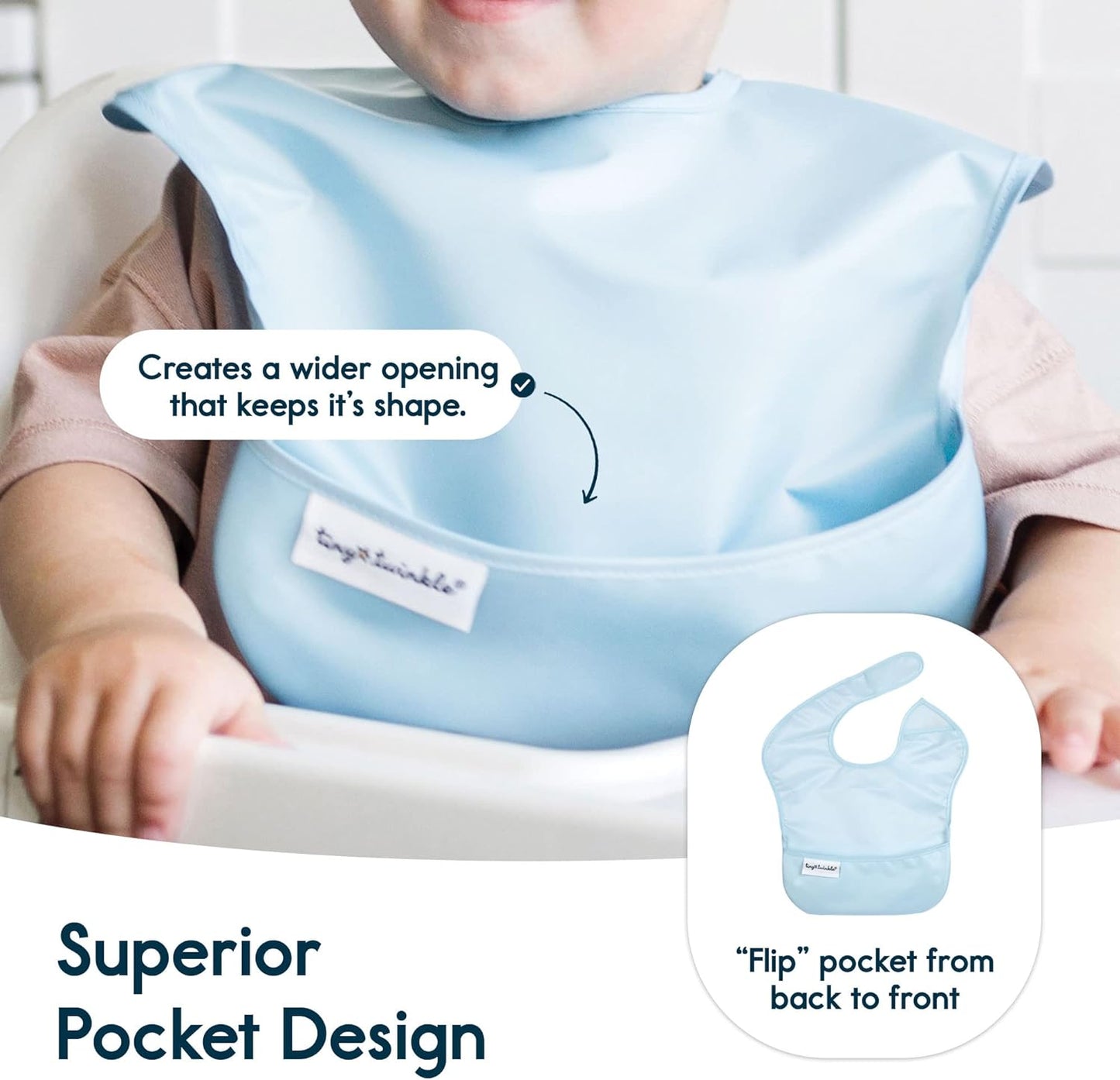 Tiny Twinkle Mess-Proof Baby Bib - Waterproof Bib for Baby Boy or Girl - PFAS, PVC, BPA, Phthalate Free - Baby Food Bibs