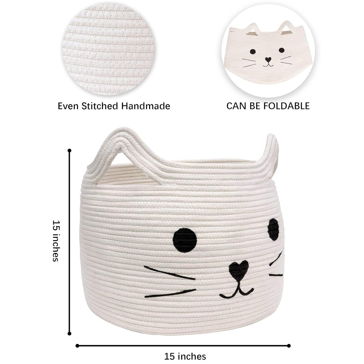 VK VK·LIVING Animal Baskets Large Woven Cotton Rope Storage Basket with Cute Cat Design Animal Laundry Basket Organizer for Towels, Blanket, Toys, Clothes, Gifts – Pet or Baby Gift Baskets 15"Lx14H"