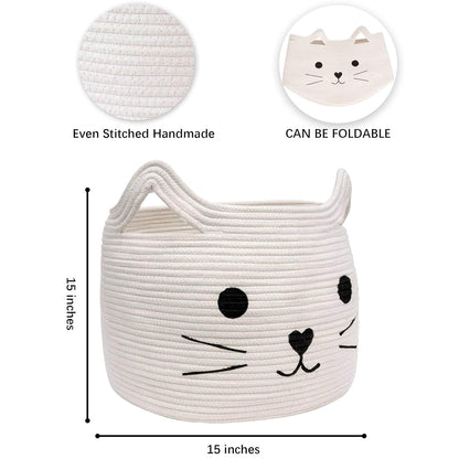 VK VK·LIVING Animal Baskets Large Woven Cotton Rope Storage Basket with Cute Cat Design Animal Laundry Basket Organizer for Towels, Blanket, Toys, Clothes, Gifts – Pet or Baby Gift Baskets 15"Lx14H"