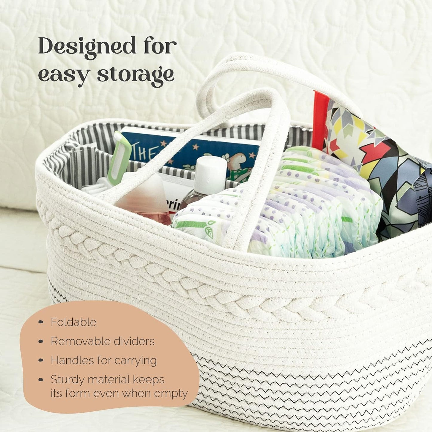 luxury little Diaper Caddy Organizer, Large Cotton Rope Nursery Basket, Changing Table Baby Diaper Storage Portable Car Organizer with Removable Divider, Baby Shower Gifts - White