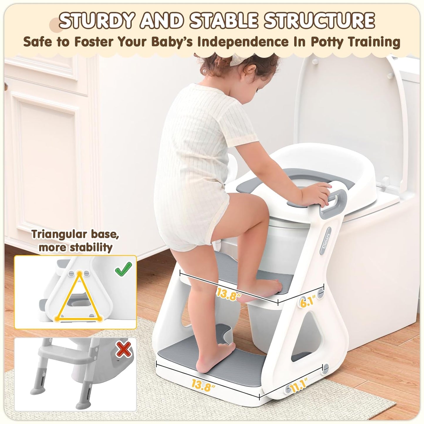 Gimars Upgrade Ultra-Stable 2 In 1 Multifunctional Toddler Potty Seat For Toilet with Setp Stool, Potty Traning Toilet For Boys Girls With Widened Ladder,Comfortable Safe Potty Seat With Handrail,Grey