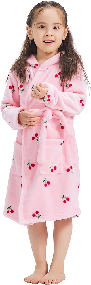 ECHERY Boys Girls Robe Hooded Bathrobe Toddler Robes Soft Coral Fleece Pajamas Unisex Dressing Gown for Kids