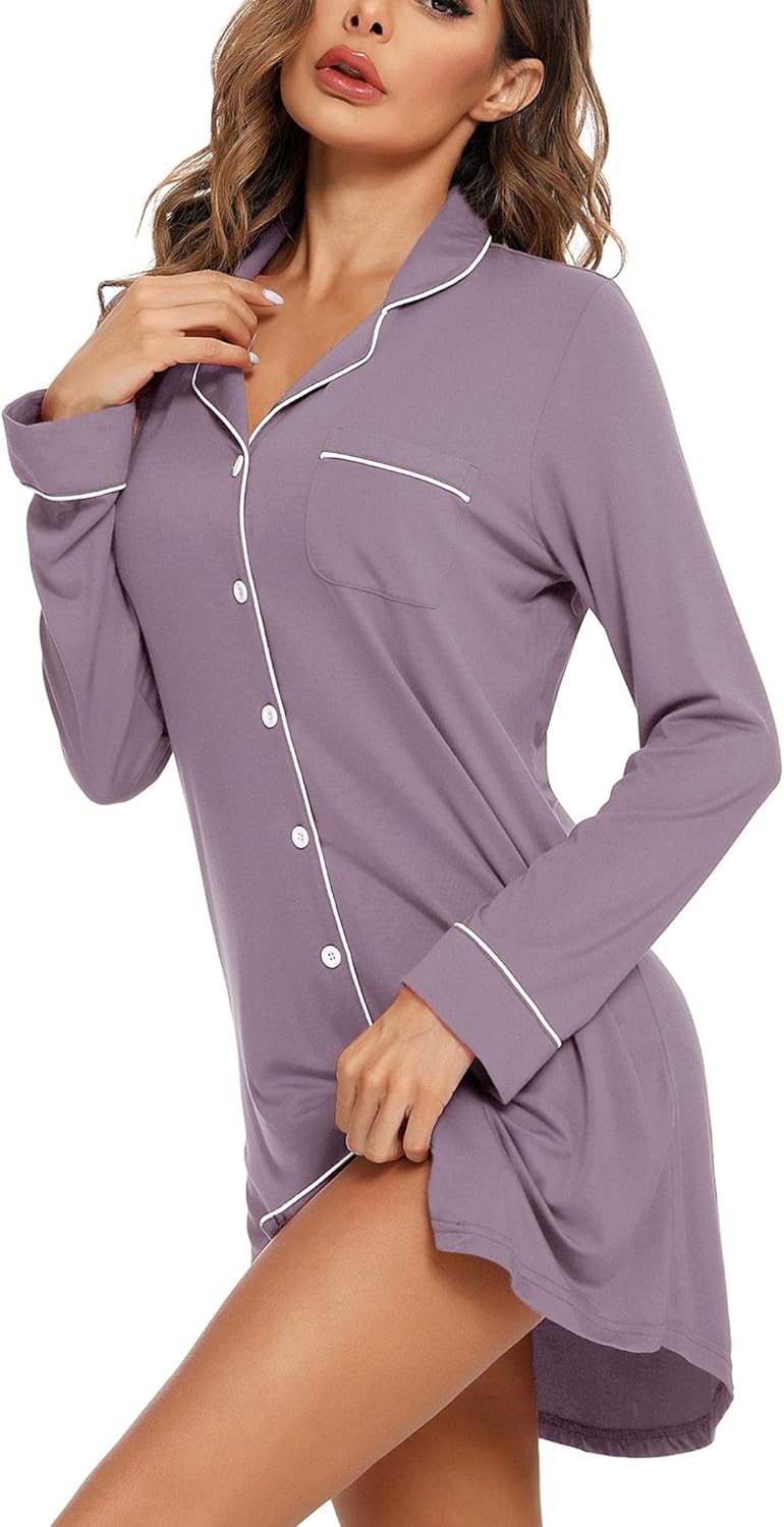 Leikar Nightgowns For Women Button Down Pajamas Dress Short Sleeve Sleepwear S-XXL