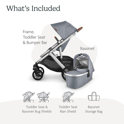 UPPAbaby Vista V2 Stroller / Convertible Single-To-Double System / Bassinet, Toddler Seat, Bug Shield, Rain Shield, and Storage Bag Included / Greyson (Charcoal Mélange/Carbon Frame/Saddle Leather)