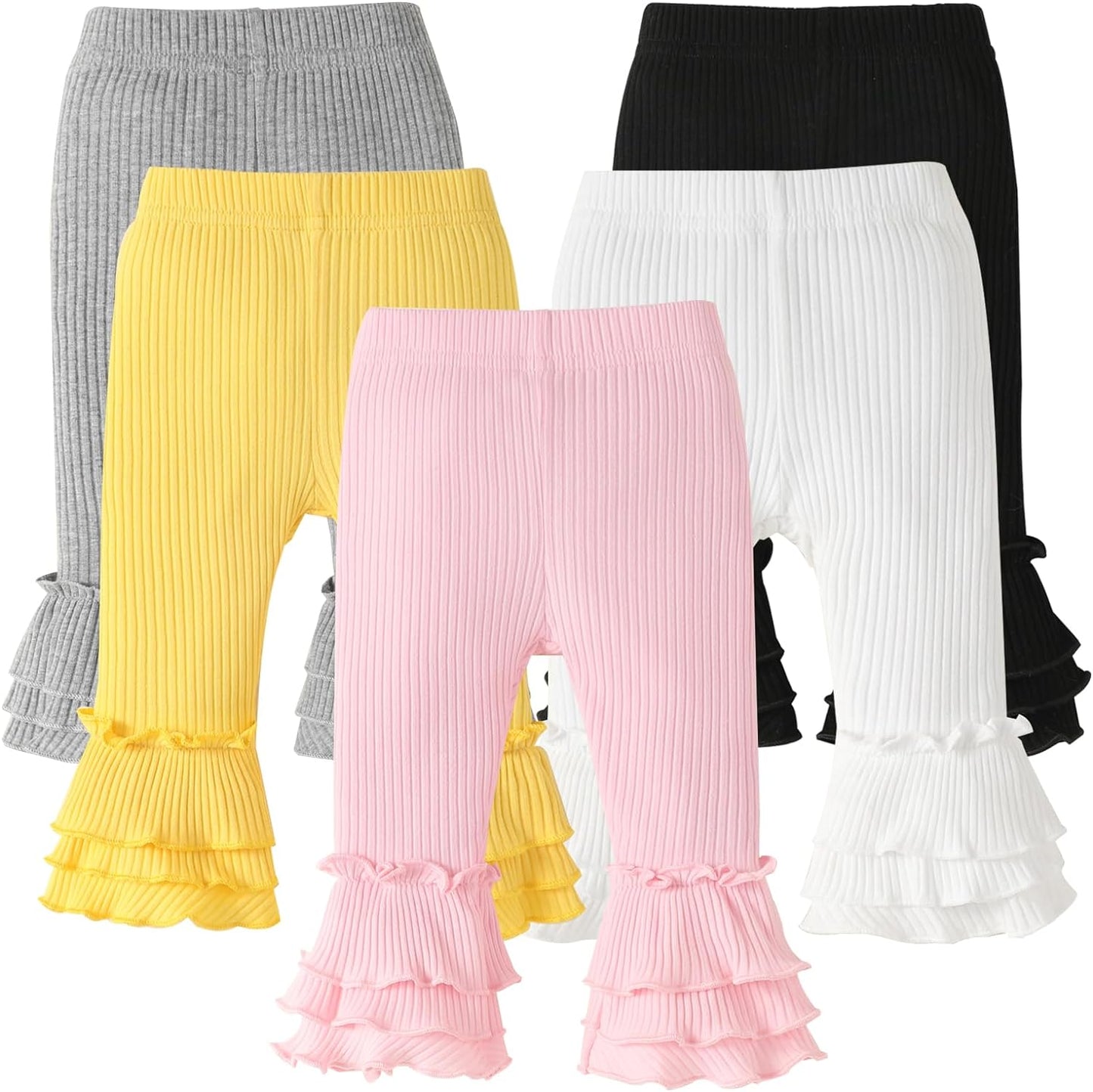 DREAM BUS 5 Pack Baby Pants Toddler Girl Ribbed Ruffle Bell Bottoms Toddler Leggings Baby Boy Pants Newborn Girl Flare Pants