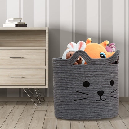 VK VK·LIVING Animal Baskets Large Woven Cotton Rope Storage Basket with Cute Cat Design Animal Laundry Basket Organizer for Towels, Blanket, Toys, Clothes, Gifts – Pet or Baby Gift Baskets 15"Lx14H"