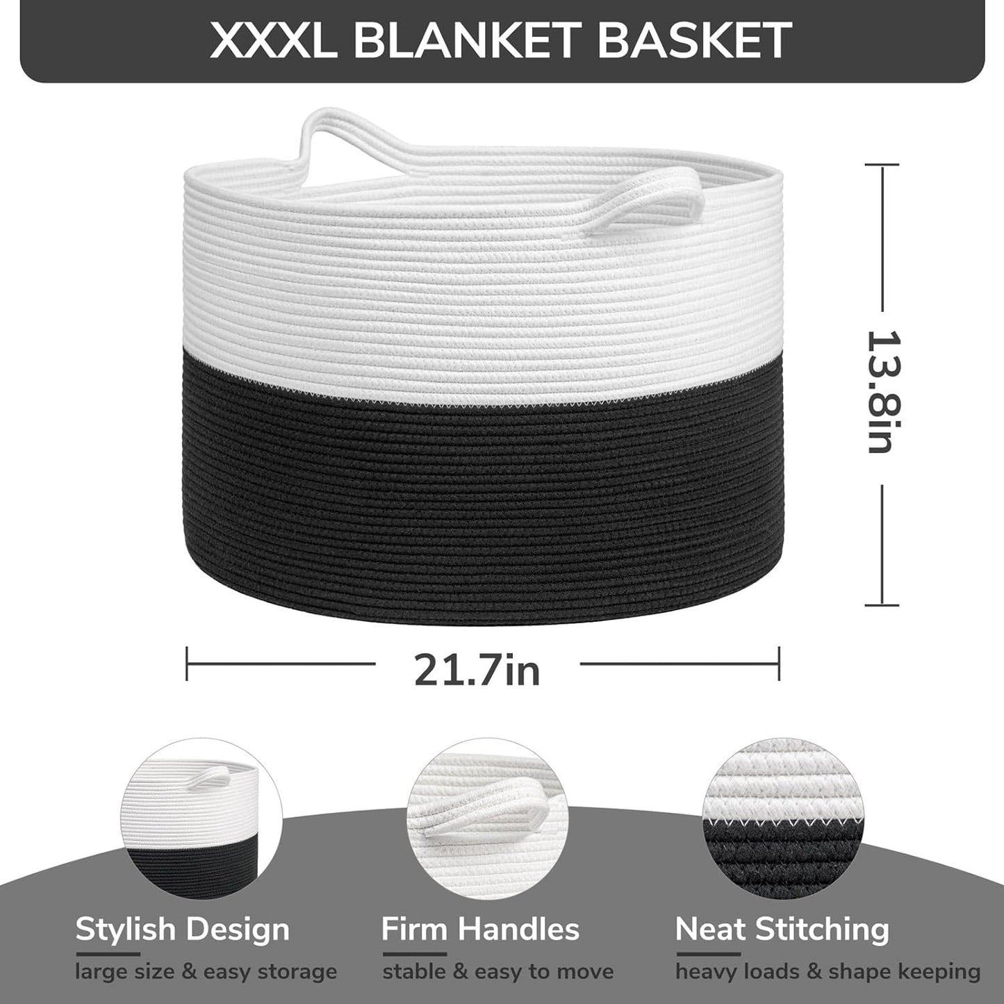 INDRESSME XXXLarge Cotton Rope Basket 21.7" x 21.7" x 13.8" Woven Baby Laundry Blanket Basket Toy Basket with Handle Storage Comforter Cushions Thread Laundry Hamper White & Brown