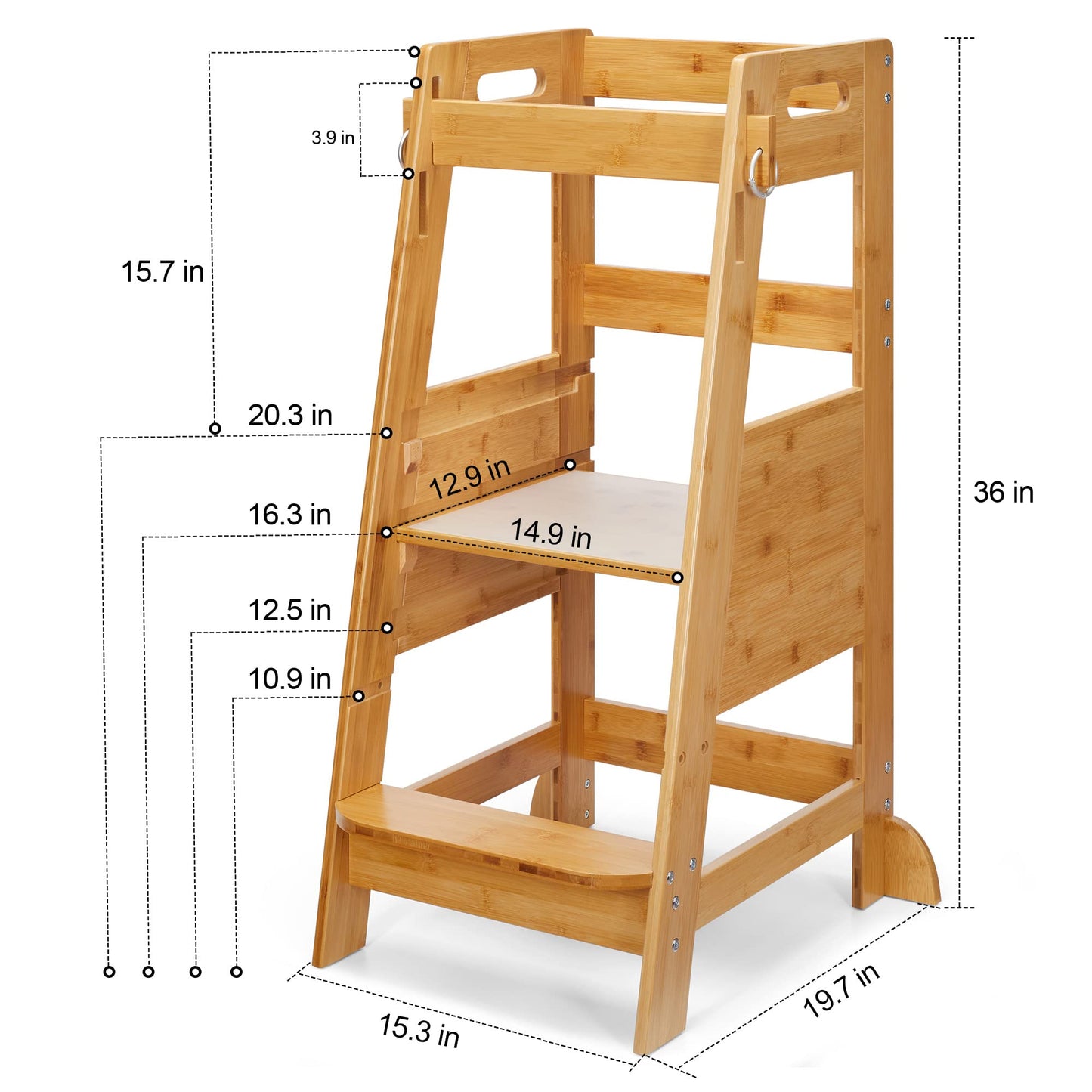 TOETOL Bamboo Toddler Step Stool Grey Learning Standing Helper Tower for Toddlers Kitchen Stools Counter 3 Height Adjustable Helper with Non-Slip Mat