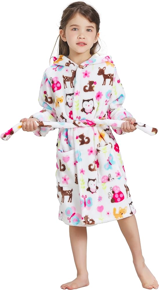 ECHERY Boys Girls Robe Hooded Bathrobe Toddler Robes Soft Coral Fleece Pajamas Unisex Dressing Gown for Kids